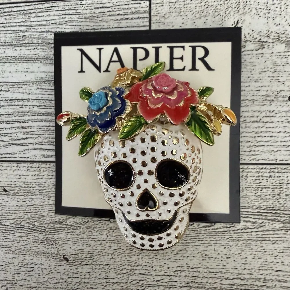 NAPIER DAY Of The DEAD Dia De Los Muertos Sugar SKULL Flowers Crown PIN BROOCH
